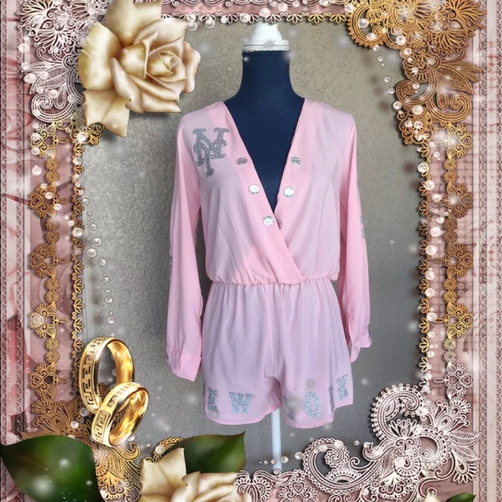 NEW YORK METS Pink Romper w/silver glitter S/M